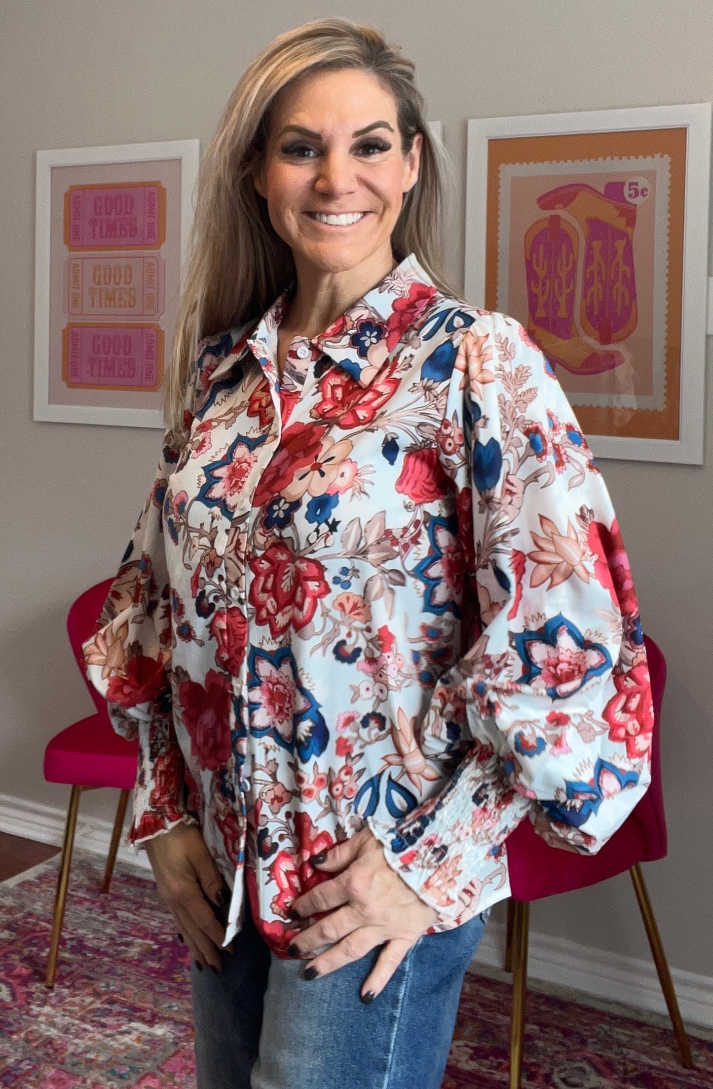 Floral Lantern Sleeve Blouse