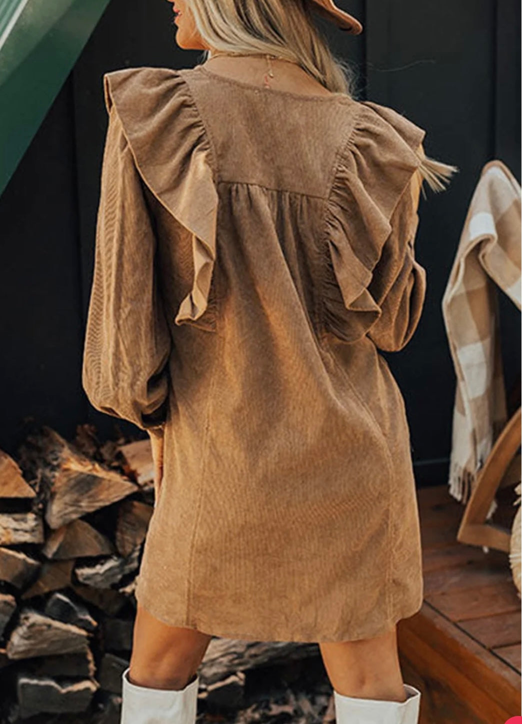 Camel Ruffle Corduroy Dress