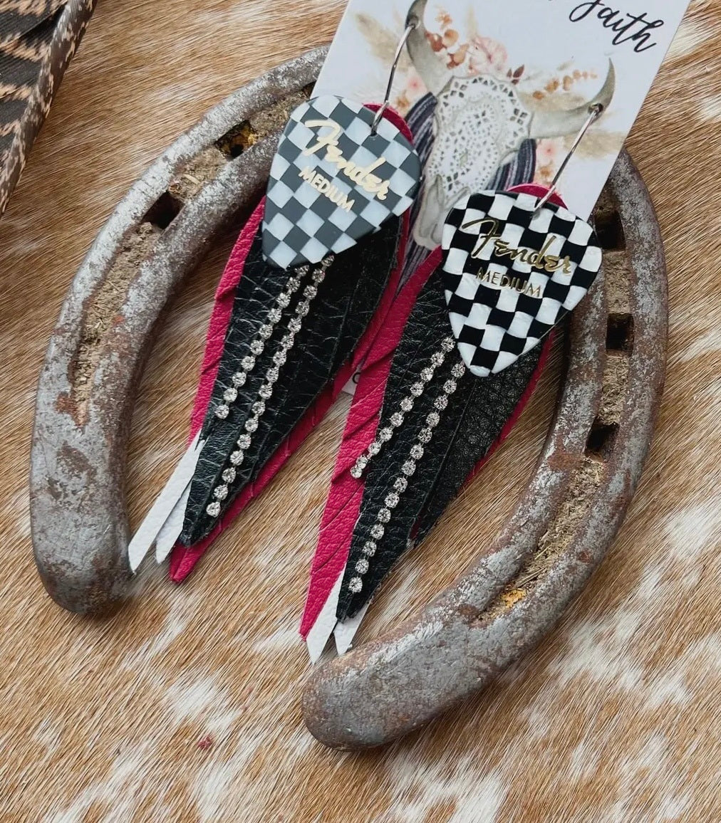 Fender Guitar Pick Checkered Earrings