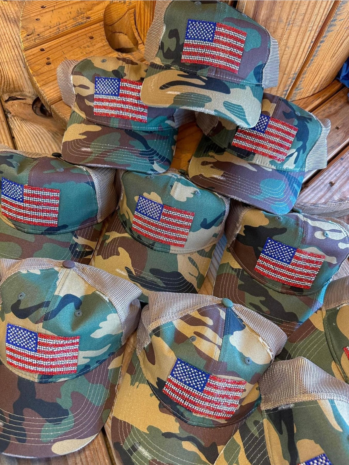 Camo Rhinestone American Flag Trucker Hat
