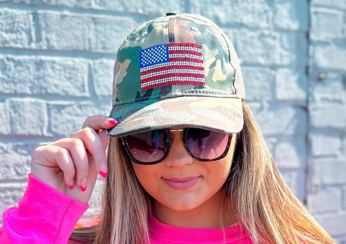 Camo Rhinestone American Flag Trucker Hat