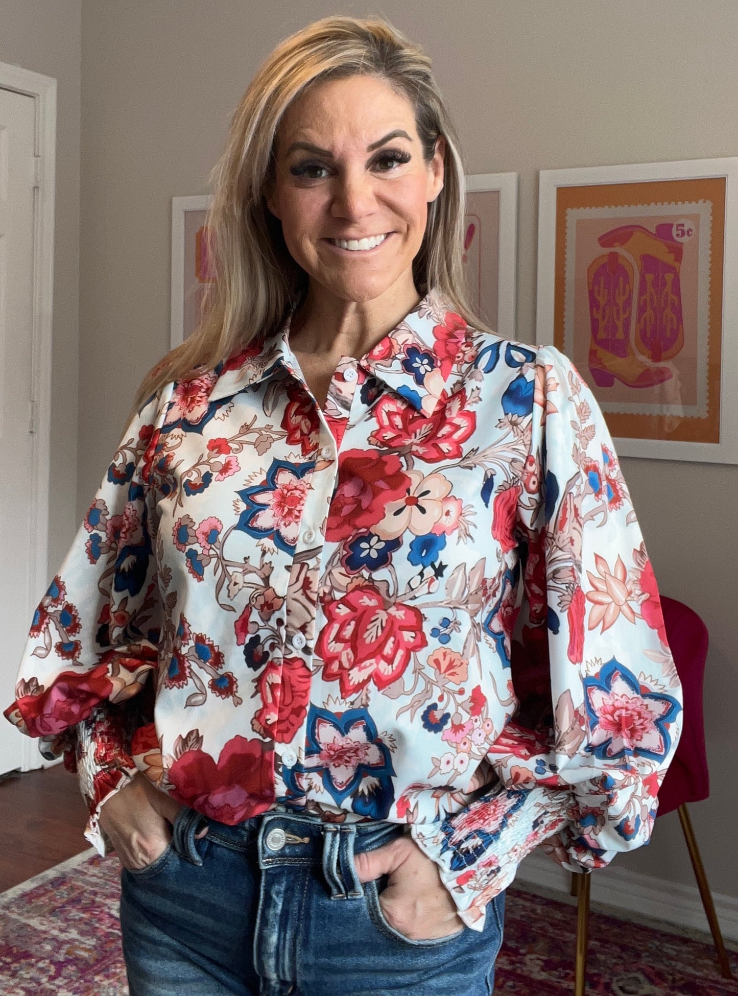 Floral Lantern Sleeve Blouse