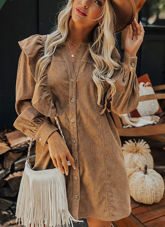 Camel Ruffle Corduroy Dress
